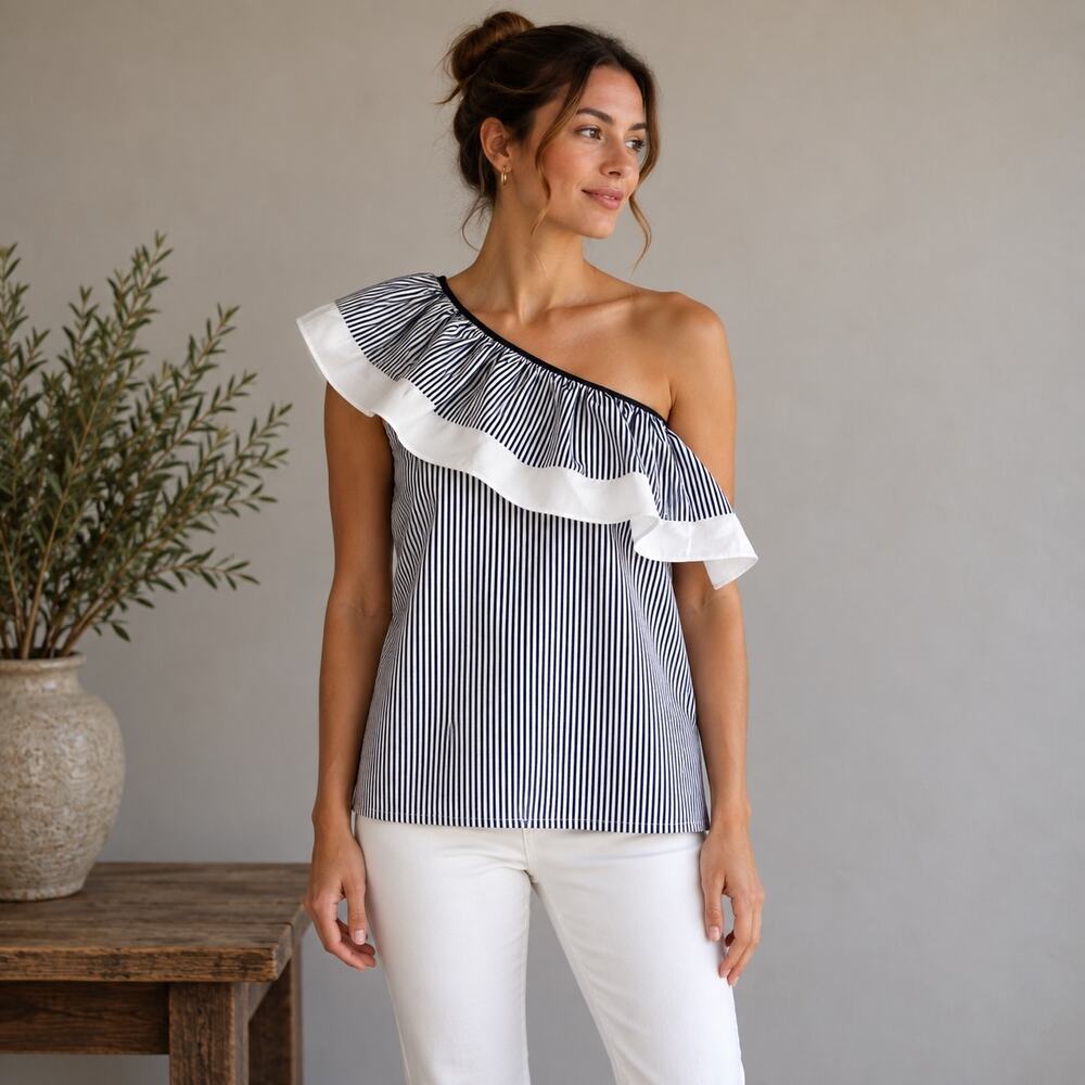 J Crew Navy White Stripe One Shoulder Top 4